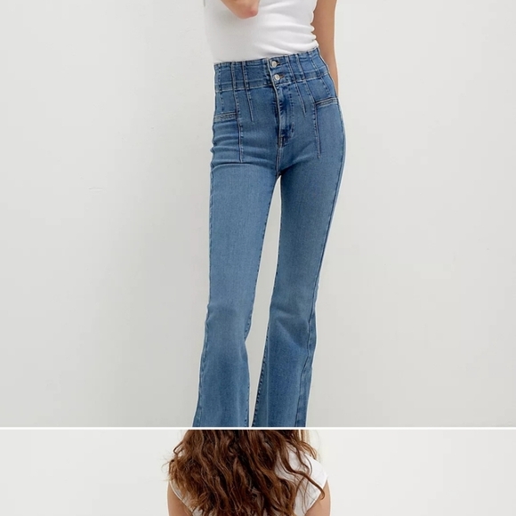 We The Free  Jayde Blue Flare Wide Leg Jeans Stretch High Waist Sz 26 - Picture 1 of 6